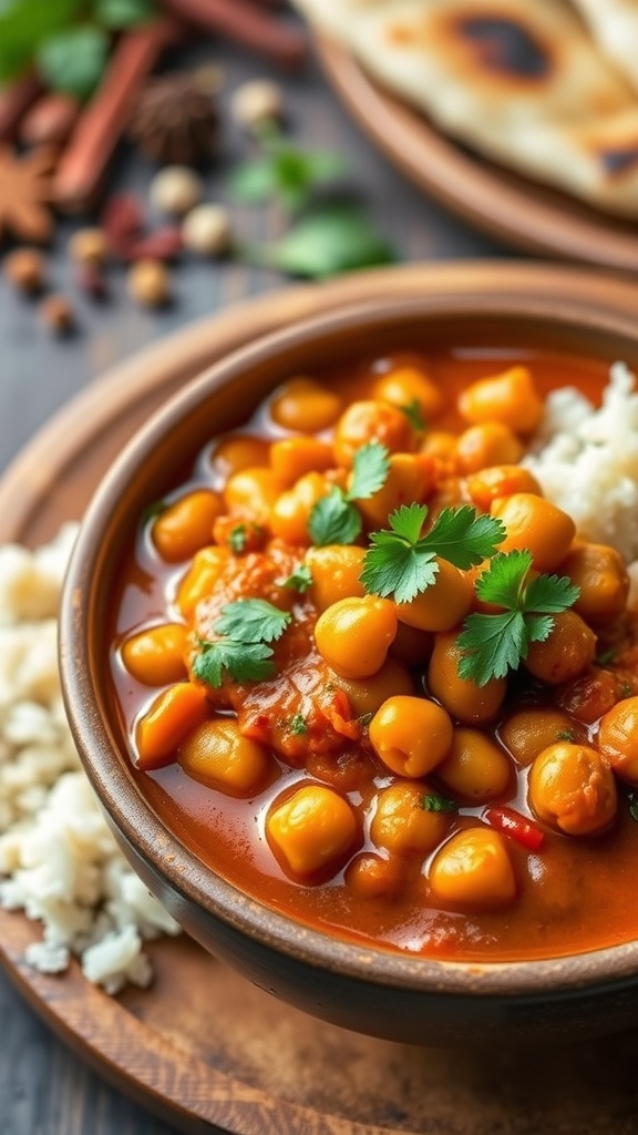 A colorful bowl of chickpea chana masala garnished with cilantro, served with naan and rice.